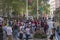 A crowd of tourists surrounded the bronze sculpture of the Charging Bull at the beginning of Broadway.