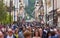 Crowd of tourists walk along Corso Italia, main shopping street of Sorrento, Italy