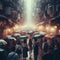 Crowd under umbrellas in the rain.