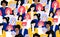 Crowd of women seamless pattern. Different young females in yellow and blue clothes with bright colored hair. Tileable