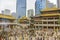 A crowd of worshipers in Buddhist temple Jing`an in Shanghai