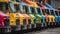 A crowded city street with yellow buses waiting in line generated by AI