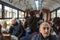 Crowded interior of an istanbul tram, packed with Turkish people, during rush hour on the Asian side