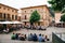 Crowded Main square Placa Major of Pollenca, Mallorca