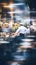 crowded restaurant with people dining and waiters, bartender and chefs working, blurred motion, generative AI