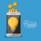 Crowdfunding poster of smartphone with light bulb in screen and coins on top in blue background