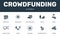 Crowdfunding set icons collection. Includes simple elements such as Marketplace, Creator, Backer, Funding platform and