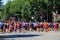 Crowds of people at starting line of 5k race, July 4th race, downtown Saratoga,New York,2016