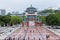 Crowds of people visiting the Great Hall of Chongqing people`s Square or Chongqing People`s Auditorium.