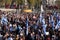 Crowds waving Israeli flags at pro-Israel solidarity rally at Trafalgar Square in London, UK