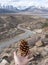 Crowley Lake in Owen`s Valley a curvy road and a pine cone