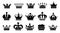 Crown black icons. Royal princess or prince symbol silhouette, king and queen monarch logo collection. Contour medieval