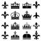 Crown and fleur de lis, lily flowers royal vector icons