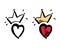 Crown, heart hand drawn icons. Doodle cartoon style illustration, thick black line contour, sketching colored in yellow