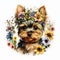 Crown Me Queen: Yorkshire Terrier Puppy Wearing Flower Tiara AI Generated