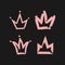 Crown painted with a rough brush. Four pink icons isolated on black background.