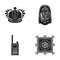 Crown, sarcophagus of the pharaoh, walkie-talkie, picture in the frame.Museum set collection icons in black style vector