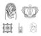 Crown, sarcophagus of the pharaoh, walkie-talkie, picture in the frame.Museum set collection icons in outline style