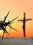 Crown of thorns of Jesus Christ against silhouette of catholic cross at sunset background