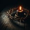 The crown of thorns worn by Jesus, illuminated by a single candle on wooden surface