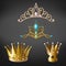 Crown, tiara, gold diadem for princess, queen set