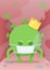 Crowned green coronavirus cartoon monster character in madical mask. Flat vector illustration, vertical.