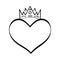 Crowned heart vector in sketch style. King and queen signs, doodle wedding icon. Hand drawn monrah, princess