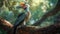 A Crowned Hornbill watches alertly Generative AI, Generative, AI