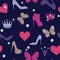 Crowns, butterflies, crystals, shoes silhouettes in glamorous seamless pattern