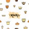 Crowns. Orange yellow Tiara Diadem Seamless Pattern Sketch crown. Handdrawn queen king illustration. Royal imperial coronation