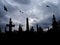 Crows flying and perched on old gothic style gravestone in silhouette with tall memorials and crosses against an overcast cloudy