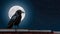 Crows on the roof of a building, lurking, full moon in the background