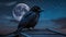 Crows on the roof of a building, lurking, full moon in the background