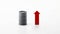 Crude oil price going up or rising. Rising energy prices. Crude oil barrel isolated on neutral white with a red arrow going poiup.