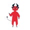 Cruel red devil with horns and tail pointing finger on something vector flat illustration. Haughty cartoon monster