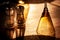 Cruet with salt and pepper on wooden table and natural light