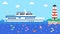 Cruise boat in sea near lighthouse, vector illustration. Ship travel in cartoon ocean, wave water marine. Vacation blue