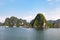 Cruise boats sailing among the karst formations in Halong Bay, Vietnam, in the gulf of Tonkin