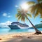 Cruise liner in ocean, modern white ship, luxury sailboat moored in sea harbor tropical island with palm trees and sandy