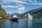 cruise liner and ships in harbour at sunny day Aurlandsfjord Flam (Aurlandsfjorden) Norway