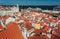 Cruise liners and red tile roofs over big historical city with narrow streets