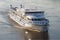 The cruise motor ship `Sergey Yesenin` on the Volga River close up