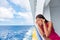 Cruise sea motion sickness tourist woman seasick on boat vacation with headache or nausea. Fear of travel or illness virus on