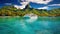 A Cruise Ship Anchored In The Idyllic Lagoon Of Bora Bora Overwater Bungalows. Generative AI