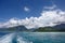 Cruise ship anchored off the coast of Moorea, one of the Windward Islands & Society Islands, French Polynesia, South Pacific