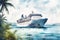 Cruise ship arriving at Caribbean, watercolor digital painting.