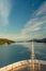 Cruise ship bow, southbound on ocean channel, Alaska Inside Passage, afternoon.