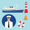 Cruise ship captain vector boat sailor icon set nautical lighthouse marine sea