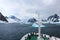 Cruise ship crusing around ice floes in Antarctic waters