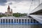 Cruise ship on Danube with St. Francis of Assisi Church on Mexikoplatz on 7 May 2012 in Vienna, Austria